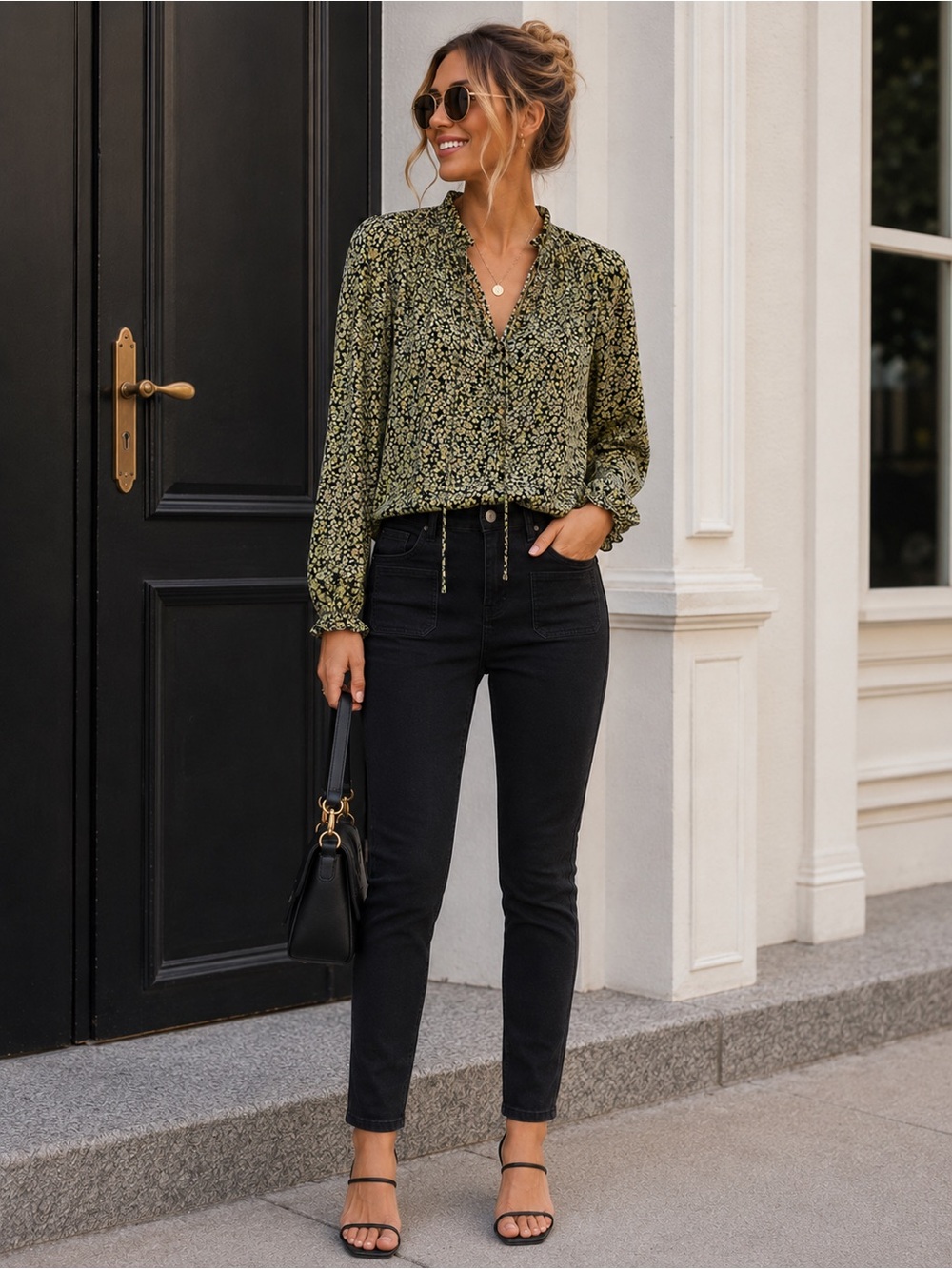 Free People Lela Green Floral Smocked Boho Peasant Blouse, M